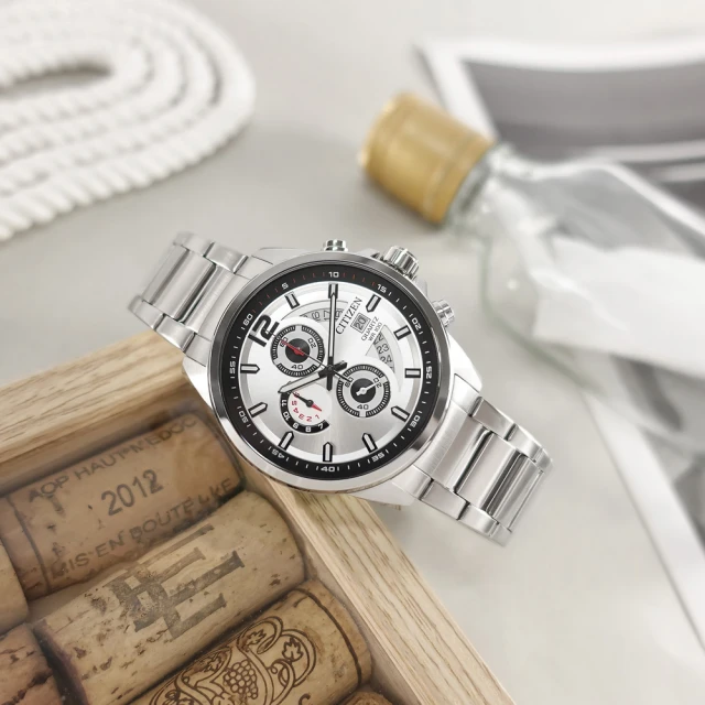 【CITIZEN 星辰】經典三眼 計時碼錶 日期 防水100米 不鏽鋼手錶 黑銀色 43mm(AN3690-56A)