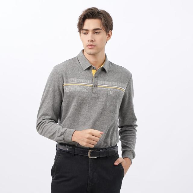 【pierre cardin 皮爾卡登】休閒服飾 男款 棉質混紡大定位條厚長袖POLO衫-灰色(5235273-95)