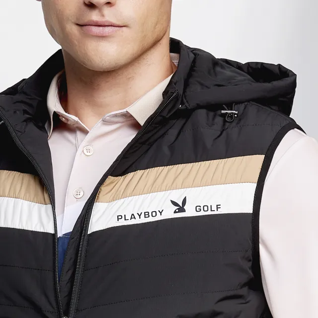 【PLAYBOY GOLF】男款配色剪接防風防潑水附帽鋪棉背心-黑(高爾夫/AB23212-88)