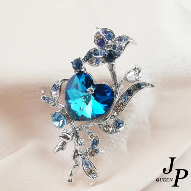 【Jpqueen】海洋之心玫瑰花設計水晶高級女用胸針(藍色)