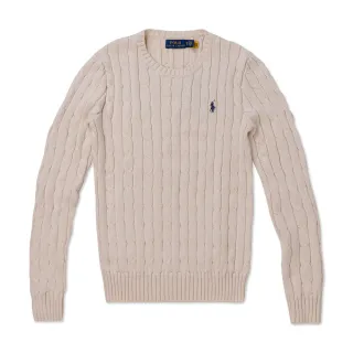 【RALPH LAUREN】RL POLO 經典圓領刺繡小馬麻花針織毛衣 上衣-女-杏色(平輸品/)