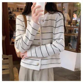 【BBHONEY】法式優雅小香風橫紋針織外套(冬季外套)