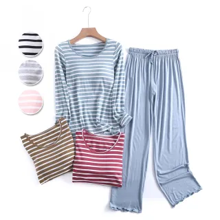 【Osun】Bra-T莫代爾帶胸墊條紋寬鬆長袖荷葉邊長褲套裝睡衣保暖居家服(特惠價CE431)