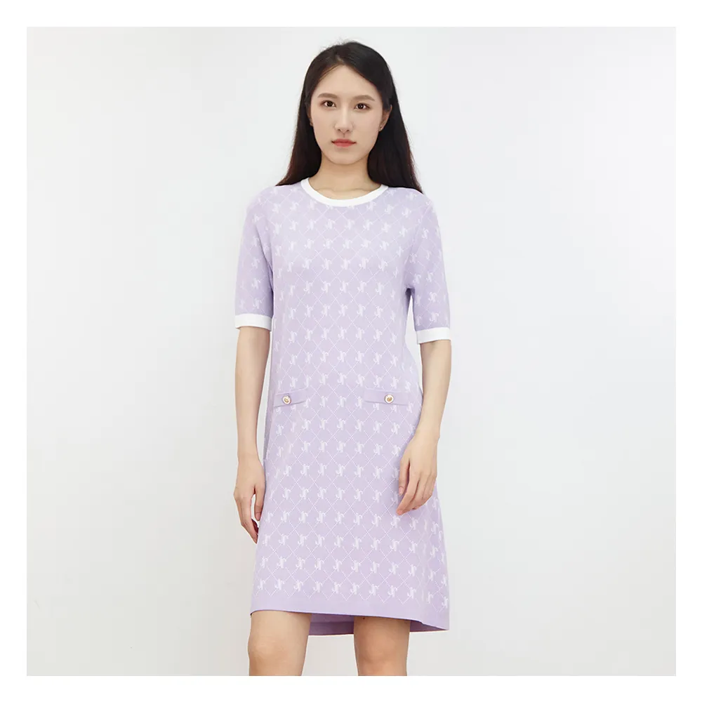 【JESSICA】優雅清新減齡菱格紋短袖針織洋裝J30416（紫）