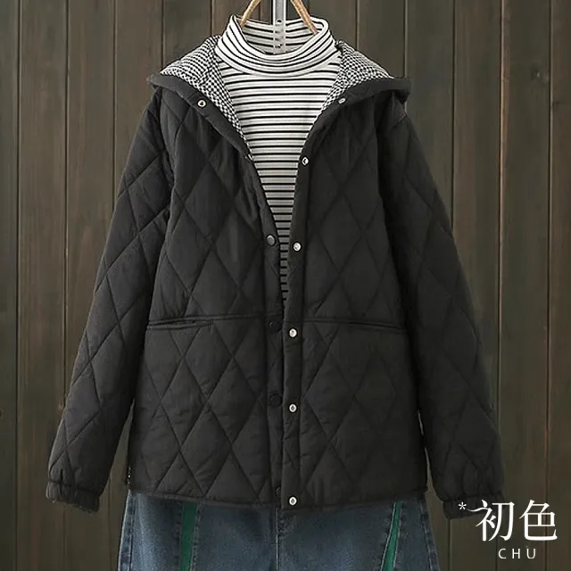 【初色】簡約菱格紋顯瘦加厚連帽鋪棉大衣外套休閒外套-共2色-32242(M-2XL可選)