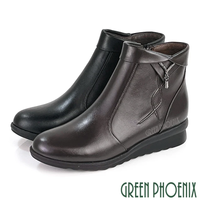 GREEN PHOENIX 波兒德 女靴 短靴 馬靴 全真皮 小坡跟 水鑽 翻領 台灣製(咖啡、黑色)