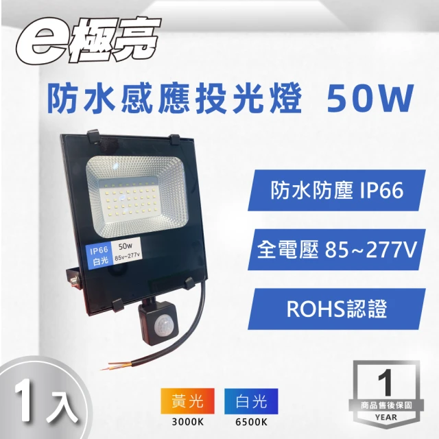 E極亮 LED 50W 全電壓 感應投光燈 白光 1 入組(LED 50W IP66 感應投光燈)