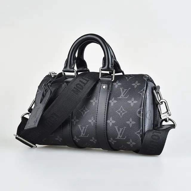 【Louis Vuitton 路易威登】LV M46271 KEEPALL縮寫LOGO印花Eclipse塗層帆布拉鍊手提斜背包(灰黑)