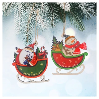 【摩達客】可愛雪橇木質彩繪-單面-吊飾-聖誕老公公+雪人(一組2入)