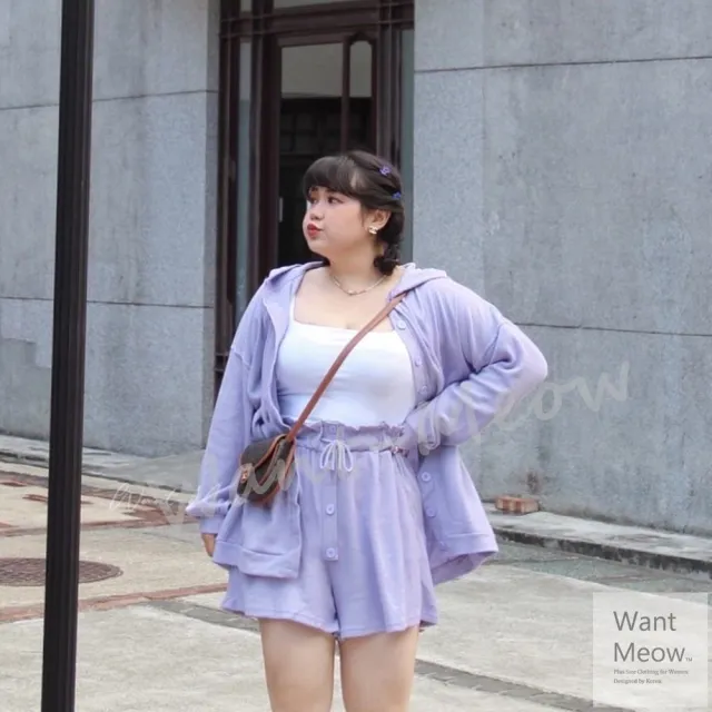 【Want-Meow】100公斤可穿/鬆餅格連帽外套短褲兩件式套裝(大尺碼套裝/中高腰/孕婦/大碼/大尺碼)