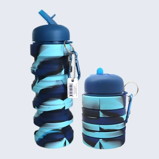 【帶著喝】迷彩藍伸縮折疊矽膠水瓶(外出 旅行 便攜式 運動水壺 直飲杯 兒童水杯 露營水杯)