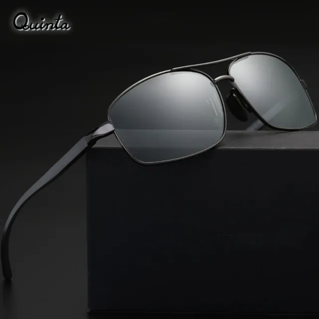 【Quinta】UV400智能感光變色偏光太陽眼鏡(經典雙槓方框/運動休閒全天候適用-QTB2458-兩色可選)