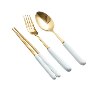 【PS Mall】北歐風大理石餐具三件組 不鏽鋼環保餐具 湯匙 叉子 筷子 餐具套裝 2入(J3003)