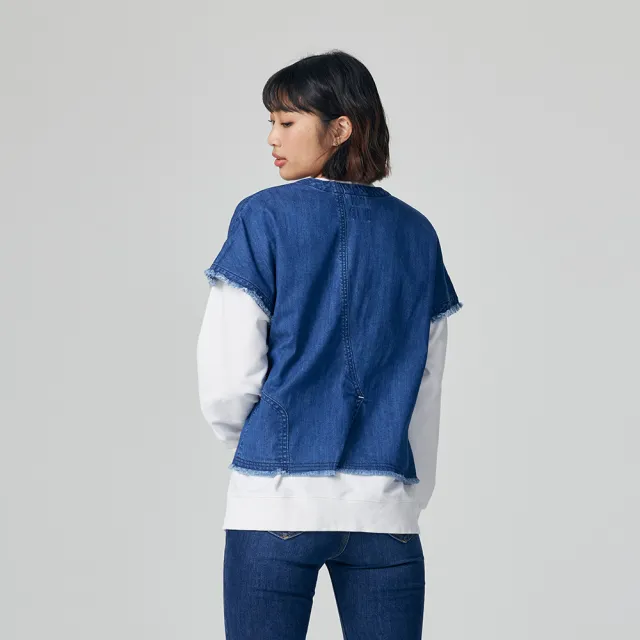 【Lee】女裝 牛仔外套 短袖抽鬚V領 外搭 中藍洗水 季節性版型(LB316003M25)