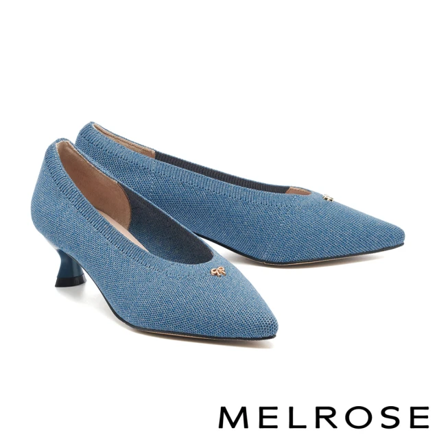 MELROSEMELROSE 美樂斯 甜美氣質小蝴蝶結飛織布尖頭高跟鞋(藍)