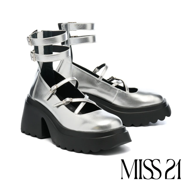 MISS 21 未來暗黑交叉金屬踝帶瑪莉珍高跟大頭厚底鞋(銀