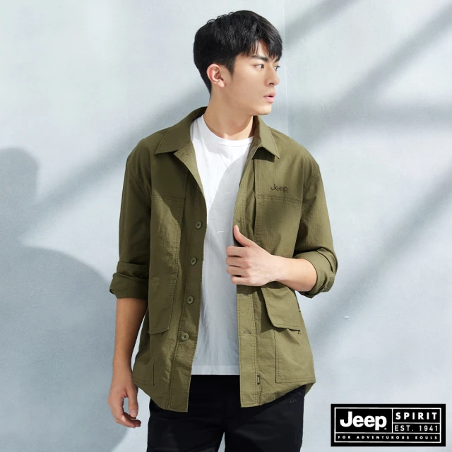 【JEEP】男裝  抗撕裂口袋剪接長袖襯衫(綠色)