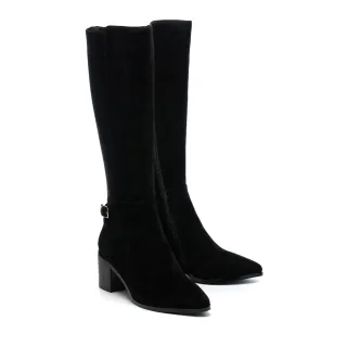 【AS 集團】輕奢時尚LOGO拉鍊羊麂皮尖頭高跟長靴(黑)