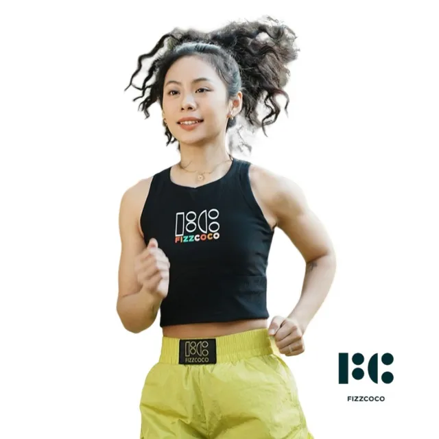 【FIZZCOCO】現貨14 經典logo螺紋運動背心 一體式帶胸墊女健身長款內衣外穿瑜伽服上衣(黑色／髒髒橘)
