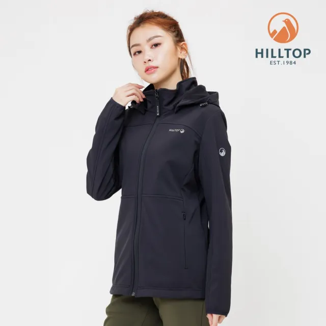 【Hilltop 山頂鳥】SOFT SHELL軟殼衣防風透氣保暖彈性可拆帽外套 女款 黑