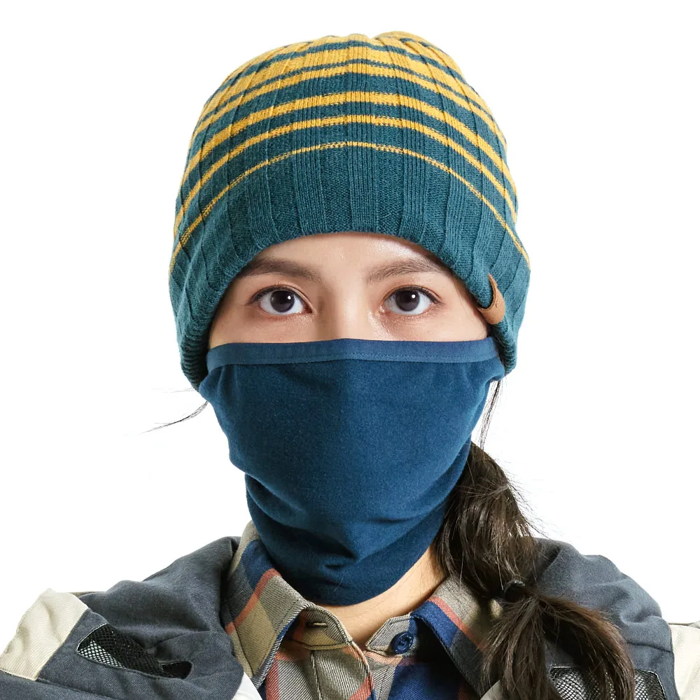 【ADISI】Primaloft 針織條紋遠紅外線面罩保暖帽 AH23012 / 撞色條紋-湖水深藍(毛帽 針織帽 保暖帽)