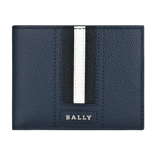 【BALLY】BALLY TVEYE金屬銀字LOGO條紋設計防刮牛皮6卡對折短夾(深藍x黑白黑條紋)