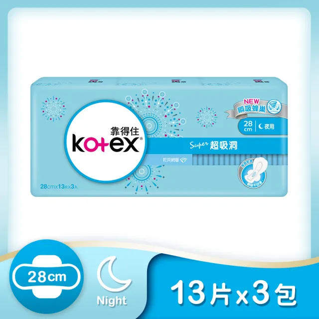 【Kotex 靠得住】超吸洞夜用超薄衛生棉28cm 13片x3包/組