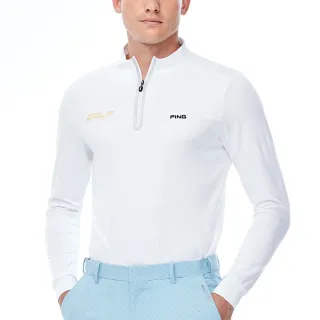 【PING】男款LOGO緹花吸濕排汗立領薄長袖POLO衫-白(GOLF/高爾夫球衫/PA23220-87)