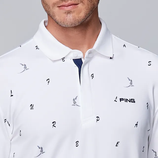【PING】男款麥穗印花吸濕排汗暗扣薄長袖POLO衫-白(GOLF/高爾夫球衫/PA23207-87)