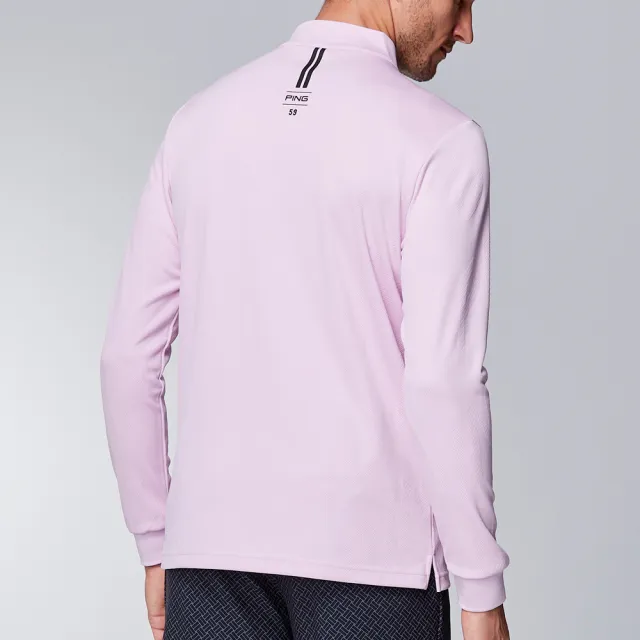 【PING】男款LOGO緹花吸濕排汗立領薄長袖POLO衫-粉紅(GOLF/高爾夫球衫/PA23220-13)