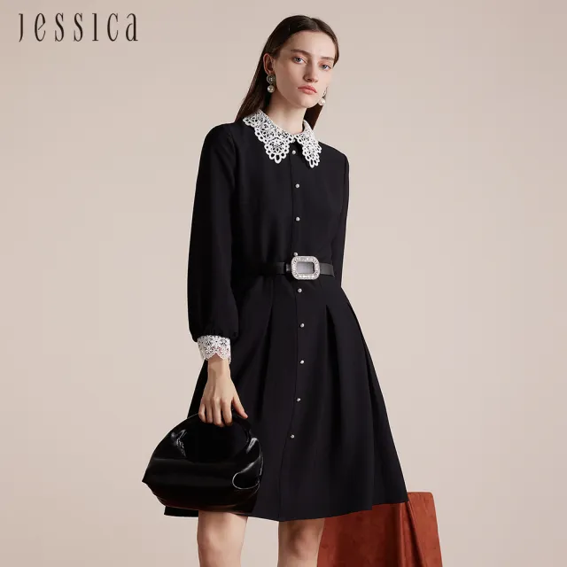 【JESSICA】復古浪漫刺繡翻領收腰顯瘦長袖洋裝J30447