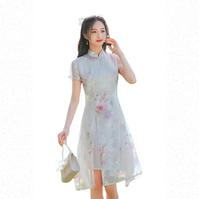 【Very Buy 非常勸敗】奧戴旗袍改良夏季短袖年輕款旗袍中長雙層少女小清新旗袍