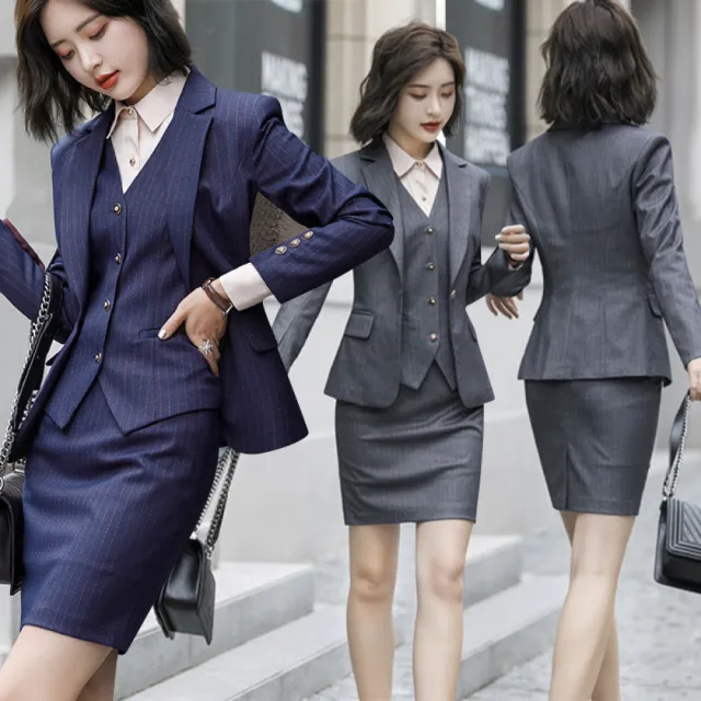 【Very Buy 非常勸敗】春秋OL套裝女士條紋西裝背心正裝四件套修身氣質工作服