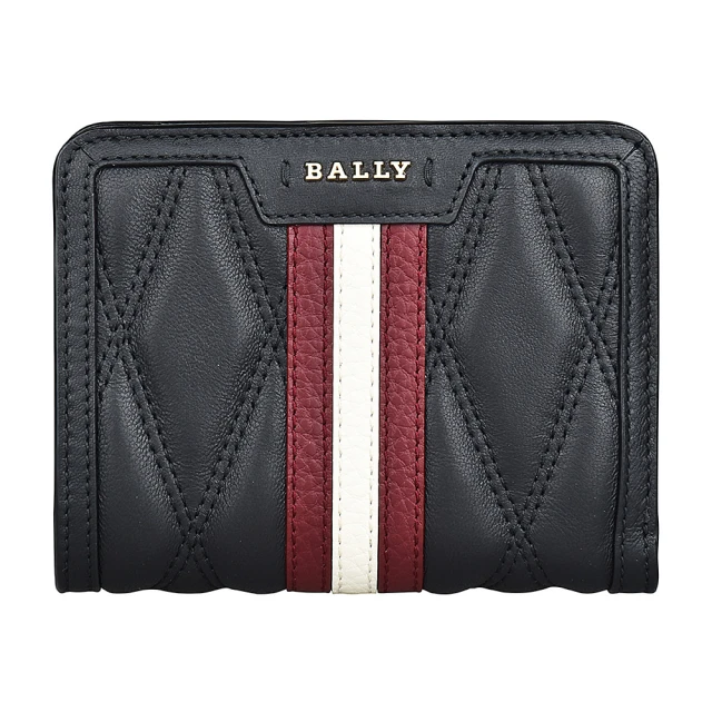 BALLY BALLY DAKI金字LOGO絎縫設計菱格紋羊皮4卡扣式短夾(黑x紅白紅條紋)