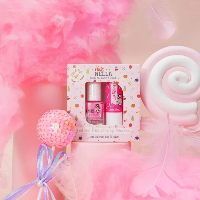 【英國 MISS NELLA】兒童水性彩妝糖果罐系列-泡泡糖(可撕式指甲油+胖胖護唇膏)