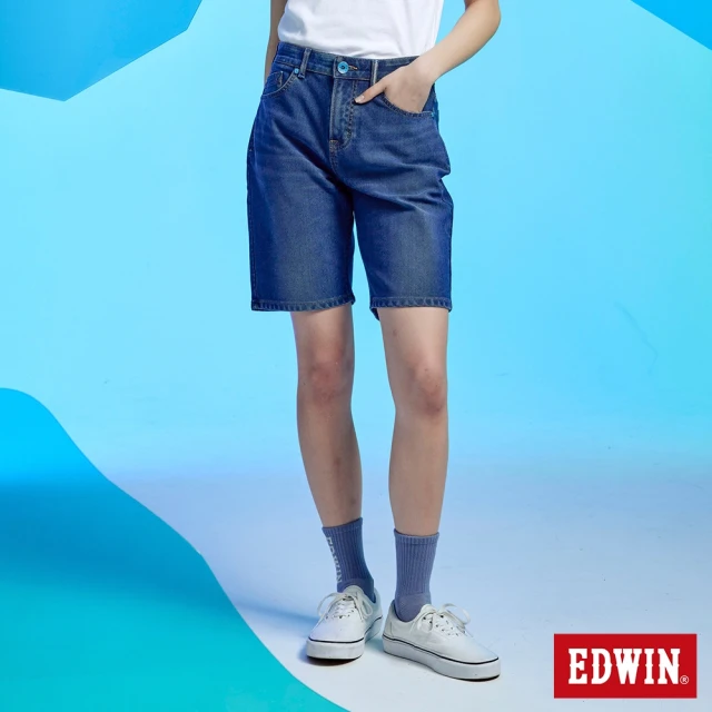 EDWIN 女裝 冰河玉系列 JERSEYS 迦績 及膝寬鬆短褲(中古藍)