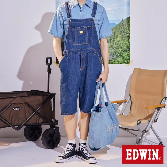 【EDWIN】男裝 橘標 寬版吊帶牛仔短褲(中古藍)
