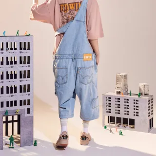 【EDWIN】男裝 橘標 寬版吊帶牛仔短褲(重漂藍)