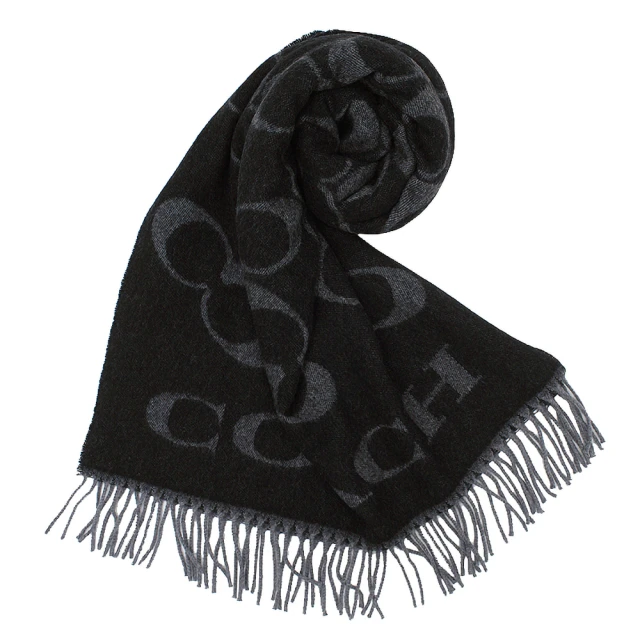 【COACH】經典LOGO喀什米爾羊毛寬版圍巾/披巾-義大利製(黑灰)