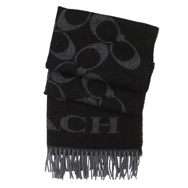 【COACH】經典LOGO喀什米爾羊毛寬版圍巾/披巾-義大利製(黑灰)