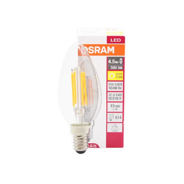 【Osram 歐司朗】4入組 LED 4.5W 2700K 燈泡色 E14 110V 尖頭 燈絲燈 蠟燭燈