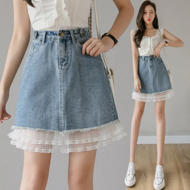 【Very Buy 非常勸敗】網紗拼接牛仔A字裙女2023夏款甜美百搭牛仔半身裙短裙女