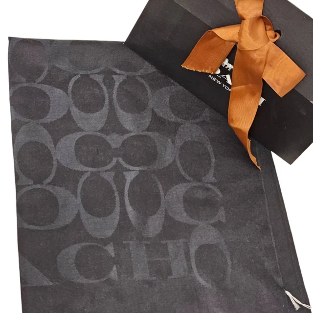 【COACH】COACH黑色C字 Logo羊毛真絲寬版長圍巾禮袋組贈原廠專櫃禮袋(羊毛真絲蠶絲)