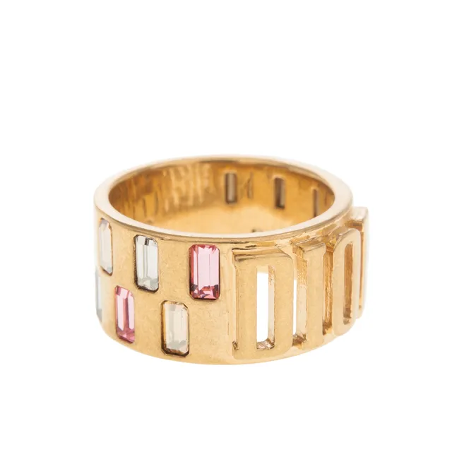 【Dior 迪奧】新款evolution 金色飾面金屬多色仿水晶寬版戒指(淺金)