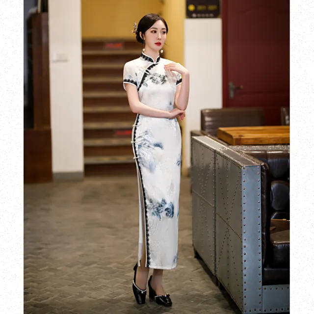 【Very Buy 非常勸敗】絲綢提花旗袍優雅改良長款蕾絲花邊旗袍年輕女士日常旗袍