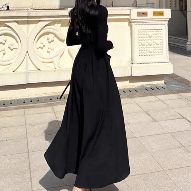 【Amirr 艾米爾】★法式赫本風收腰連身長裙(女上衣/長袖/修身)