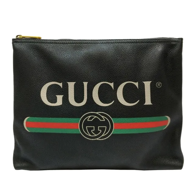 【GUCCI 古馳】500981 經典Gucci Print復古雙色織帶小牛皮手拿包/平板包(黑色)