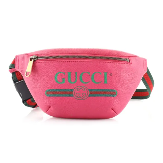 【GUCCI 古馳】527792 經典Gucci Print復古圖案牛皮綠紅綠織帶胸腰包/斜背包(桃粉色)