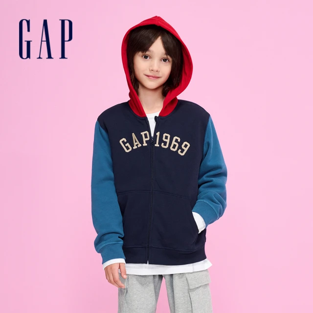 GAP 男童裝 Logo印花連帽外套 碳素軟磨法式圈織系列-