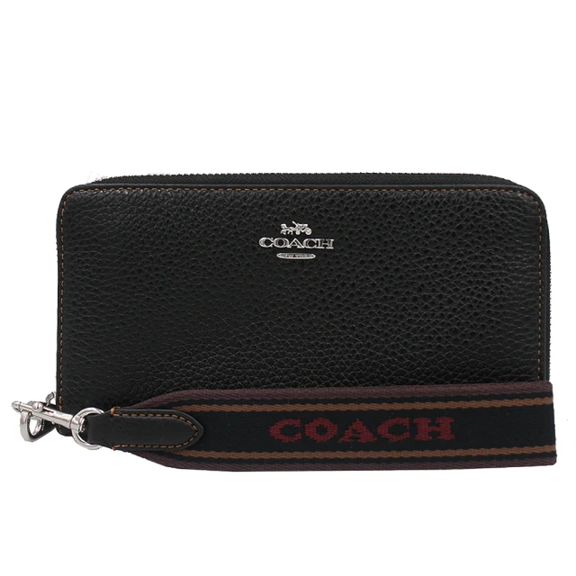 COACH 全皮荔枝紋可拆式手掛寬版提帶拉鍊長夾(黑色)品牌